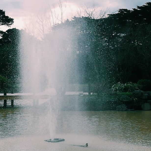 Lake with a bridge with a highly running water fountain